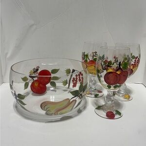 Fruit Motif Glass Bowl and Goblet Set